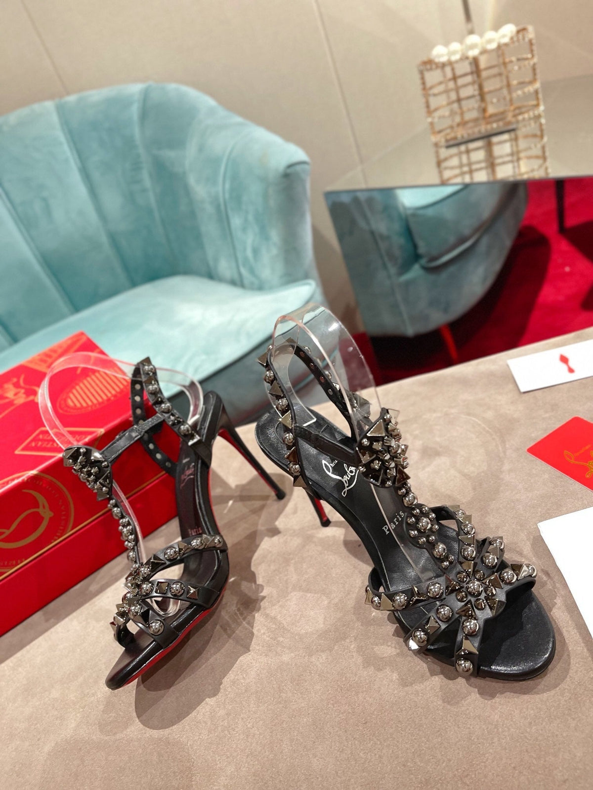 BLACK STUDDED EMBELLISHED STRAP HEELS