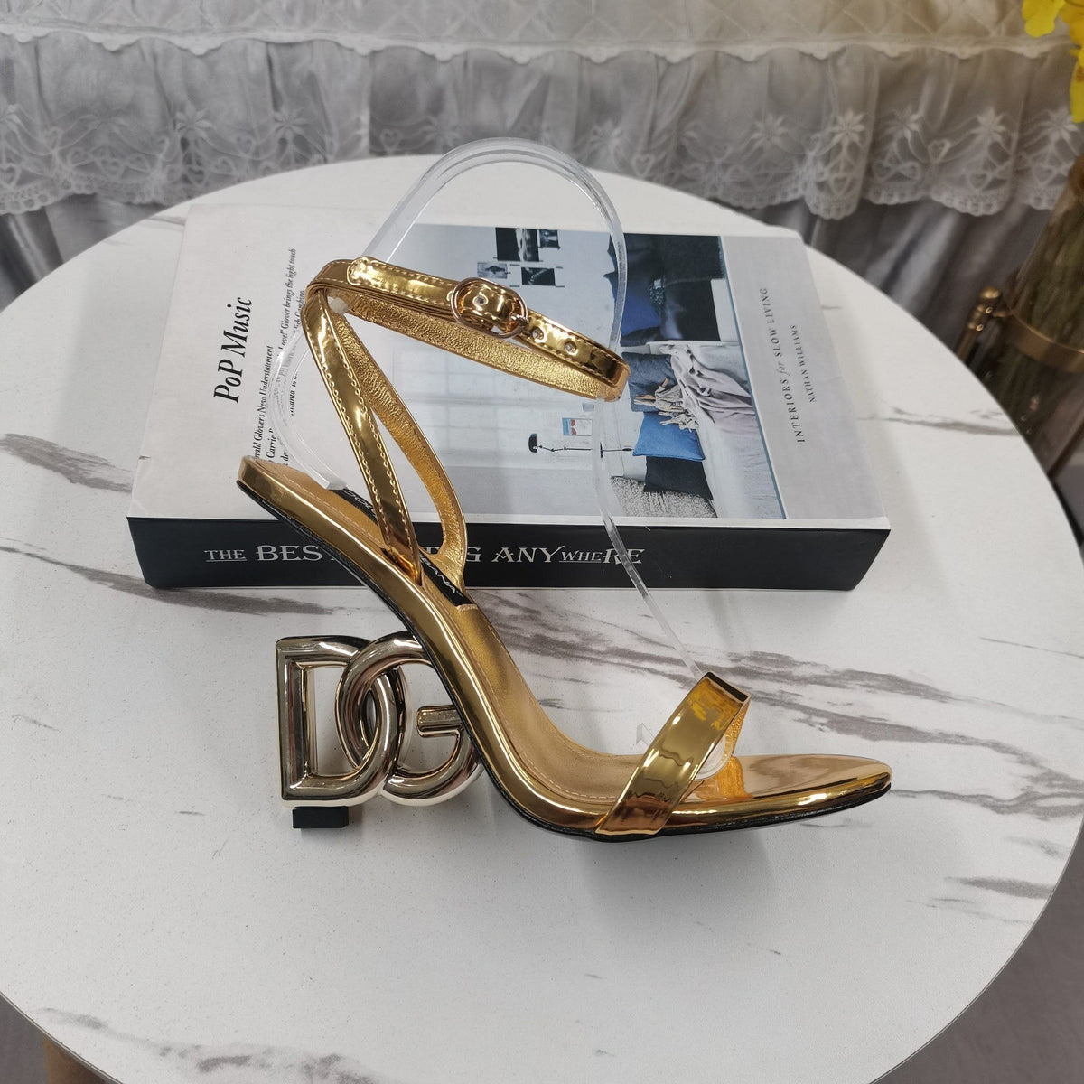 GOLD METALLIC STRAPPY HEEL SANDALS