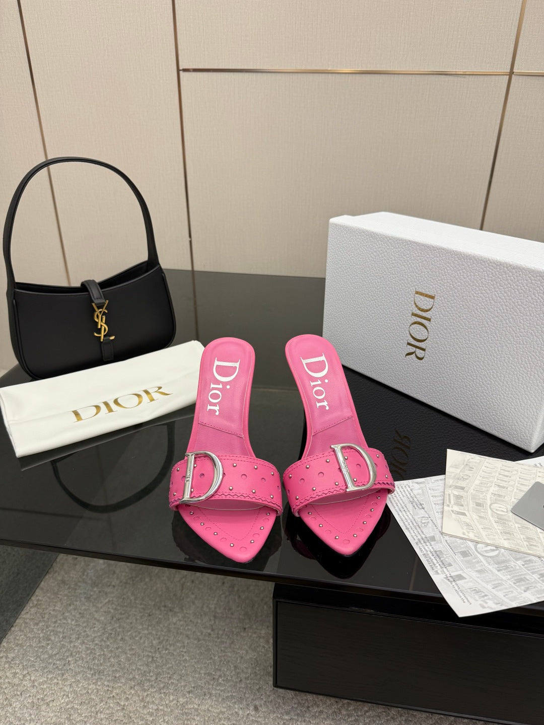 PINK STUDDED LOGO MULE HEELS