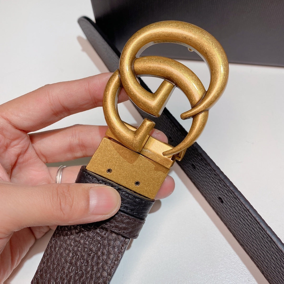 BROWN GRAINED LEATHER BELT WITH ANTIQUE GOLD DOUBLE G BUCKLE