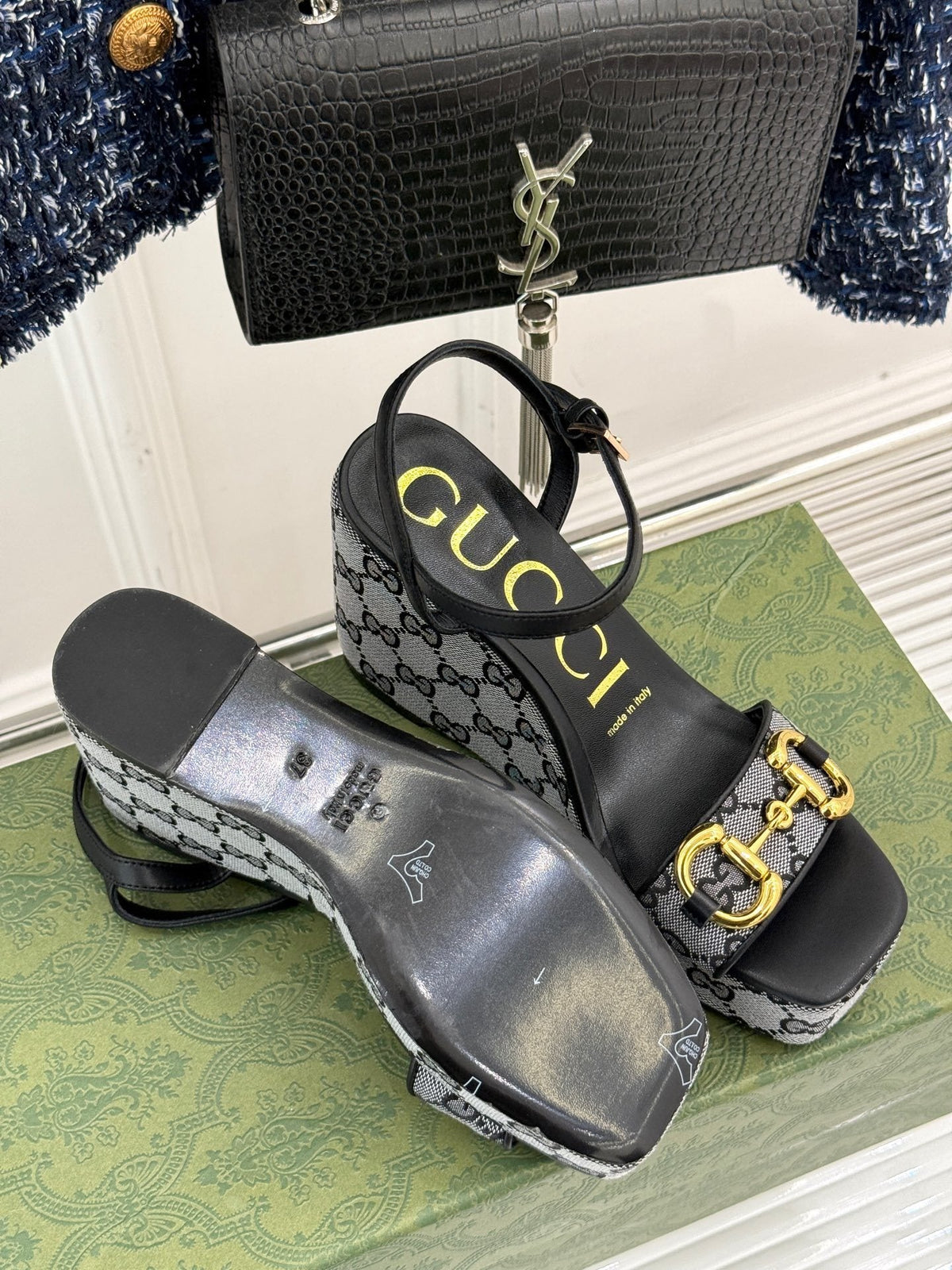 BLACK MONOGRAM PLATFORM WEDGE SANDALS