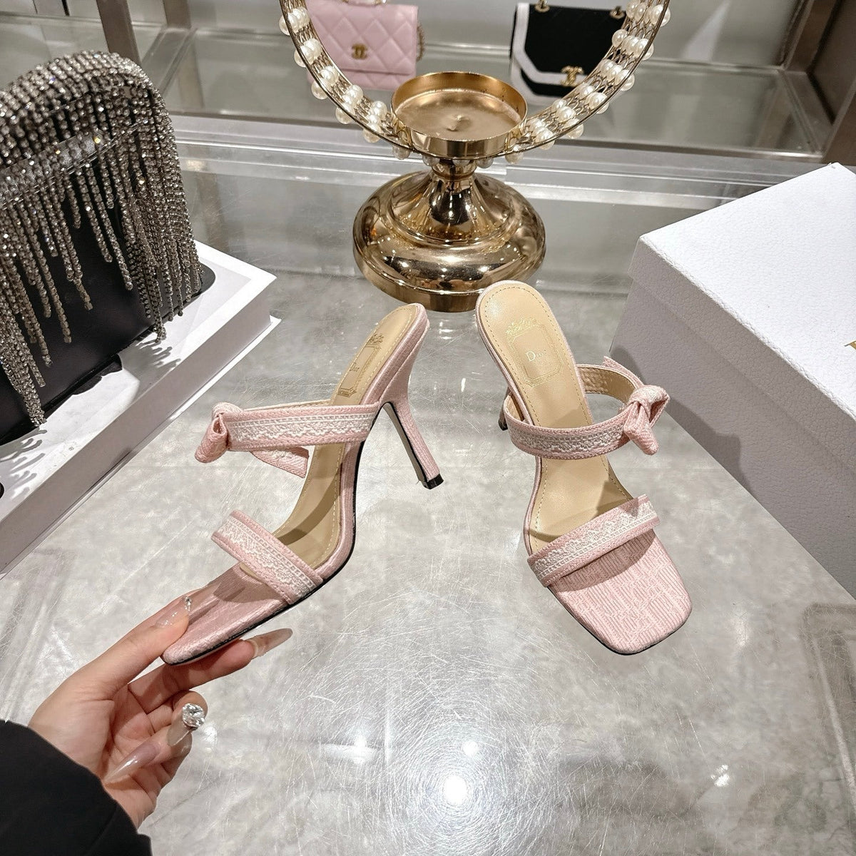 BOW-DETAIL JACQUARD HEELED MULE SANDALS