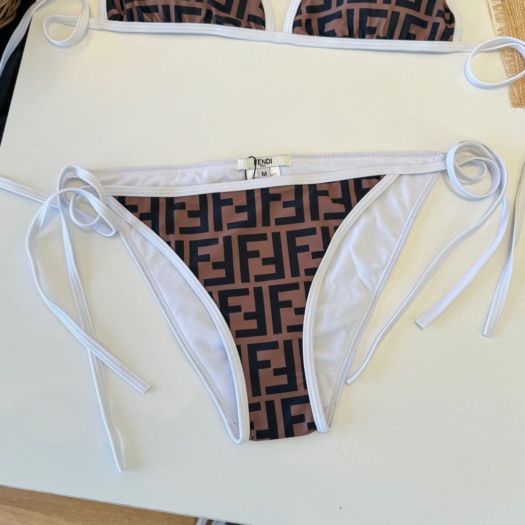 BROWN MONOGRAM TRIANGLE BIKINI SET WITH WHITE TRIM