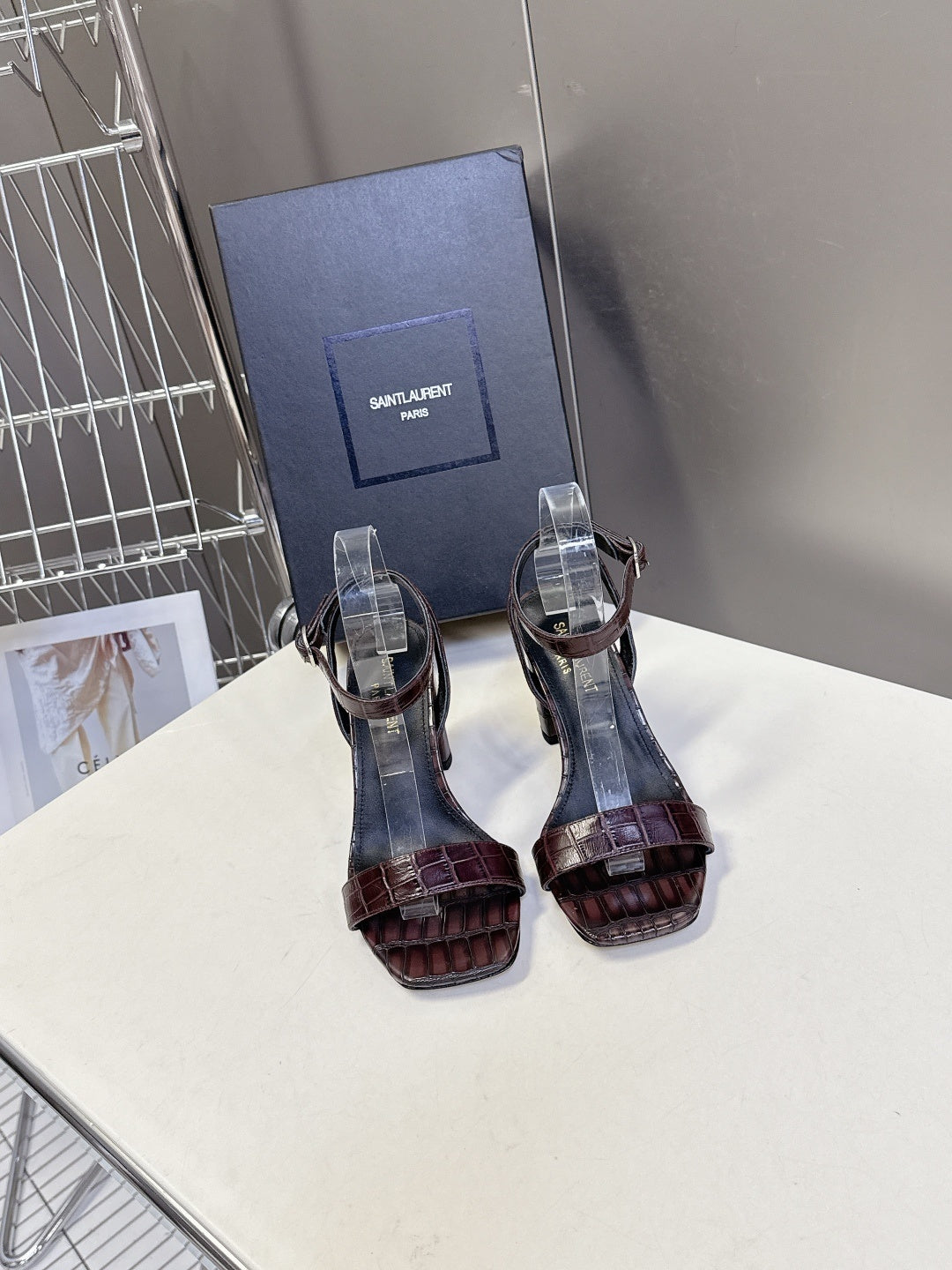 BROWN CROCODILE EMBOSSED STRAPPY HIGH HEELS