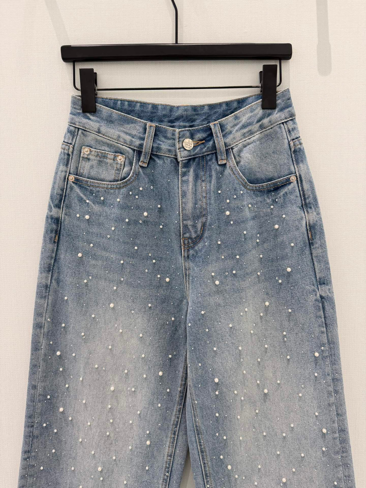 PEARL EMBELLISHED WIDE LEG DENIM JEANS