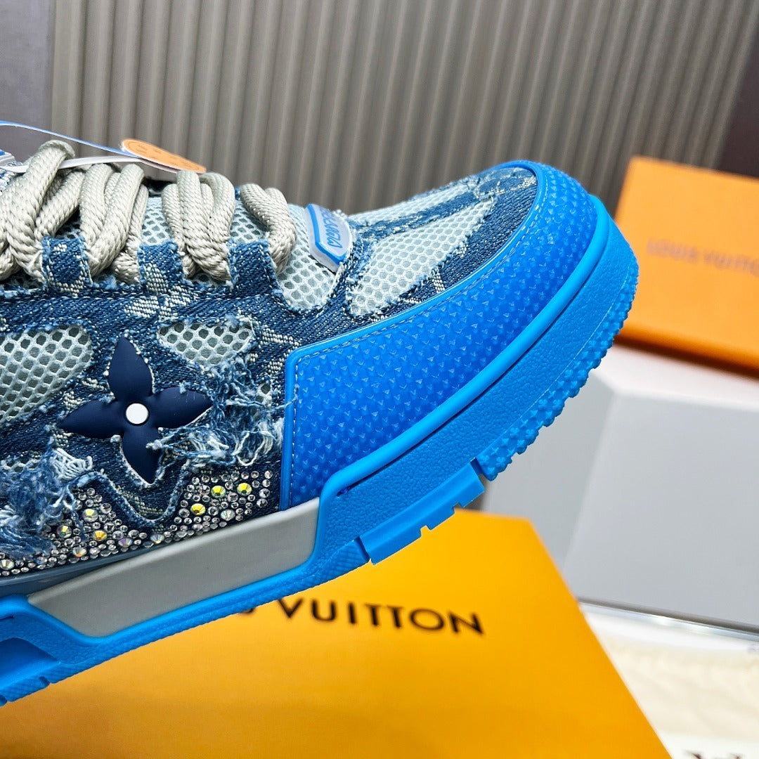 DENIM CRYSTAL-EMBELLISHED PLATFORM SNEAKERS IN BLUE