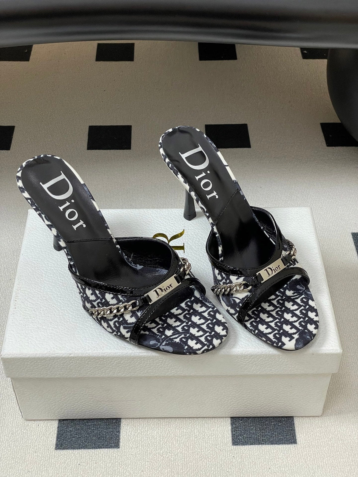 MONOGRAM CHAIN DETAIL MULE HEELS