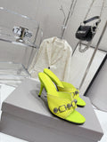 NEON GREEN EMBELLISHED MID HEEL MULE SANDALS