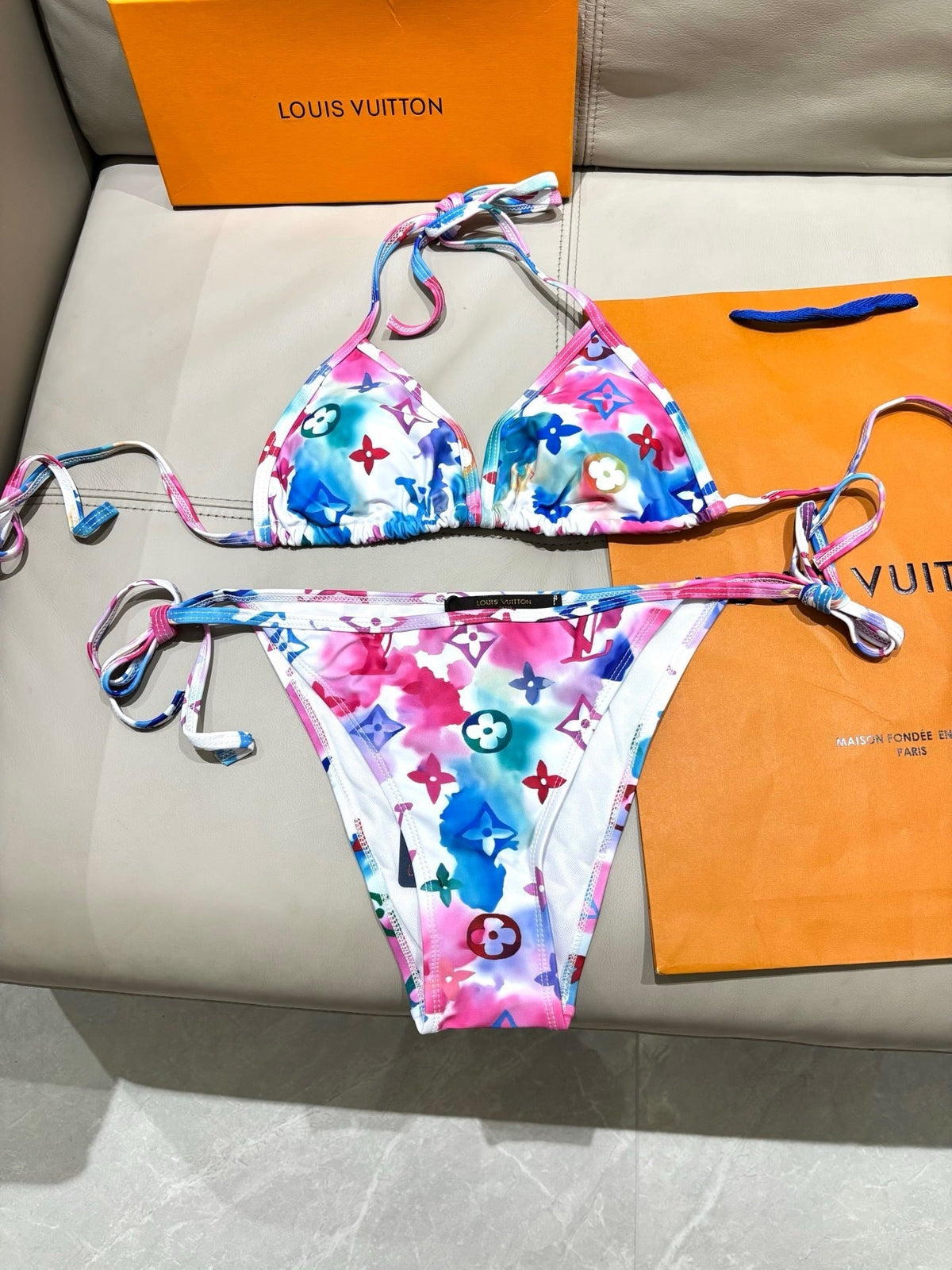 MULTICOLOR FLORAL MONOGRAM STRING BIKINI SET