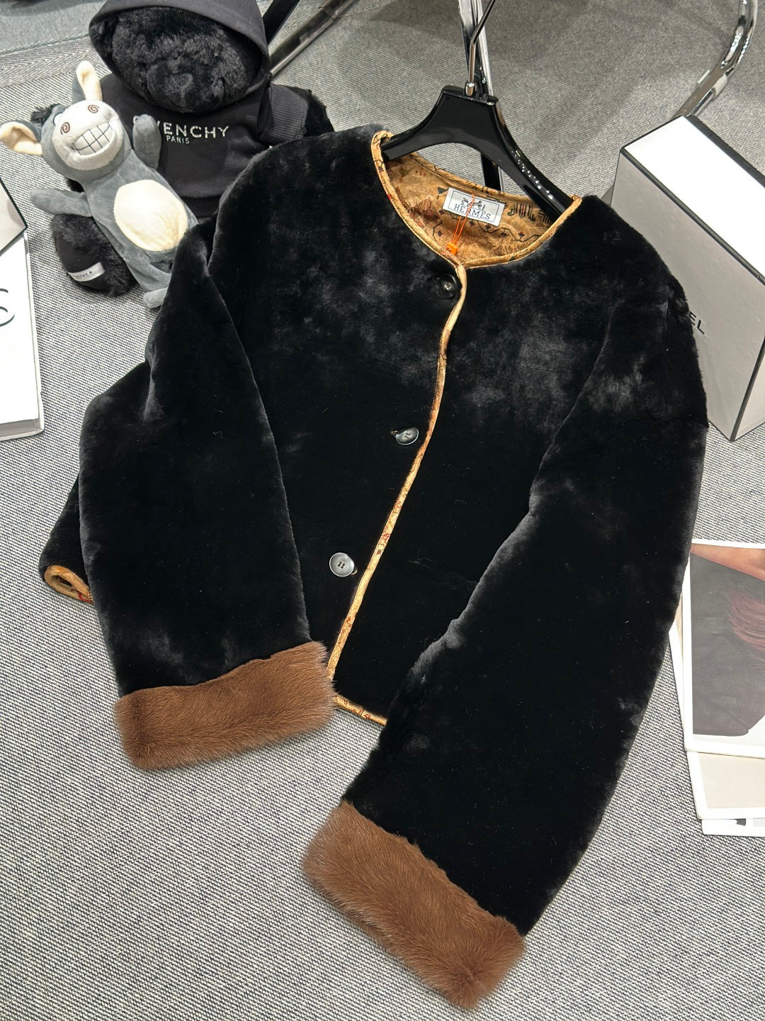 PLUSH BLACK JACKET WITH CONTRAST TRIM AND BUTTON FRONT