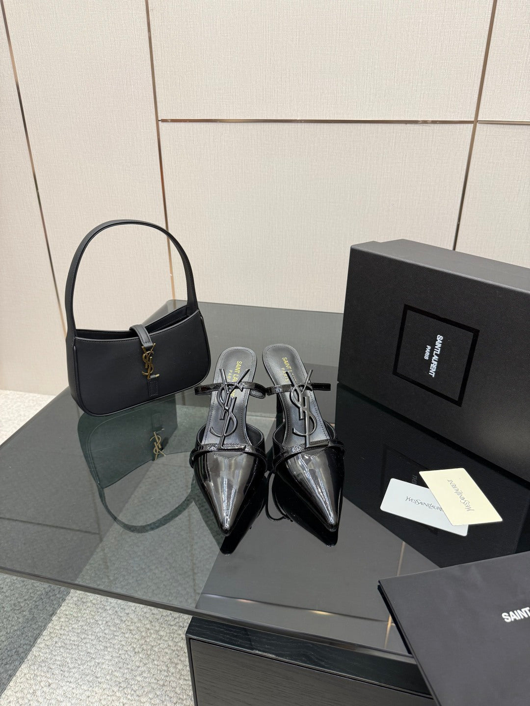 BLACK PATENT POINTED TOE MULE HEELS