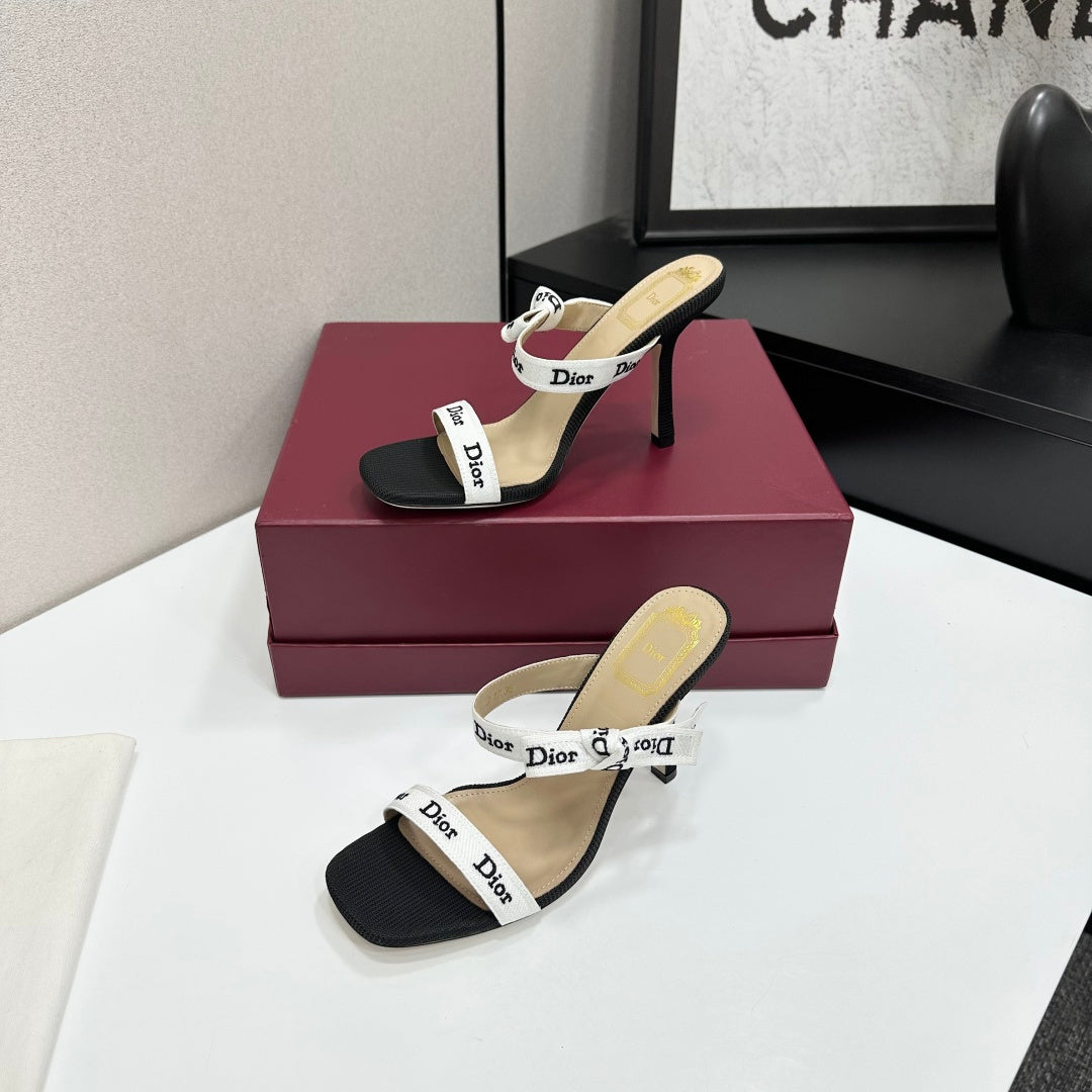 MONOCHROME LOGO STRAP STILETTO SANDALS