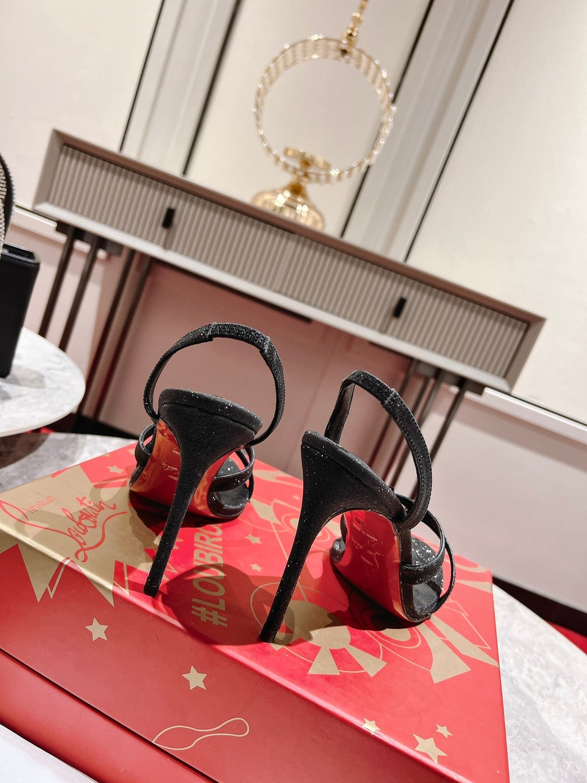 BLACK GLITTER STRAP SANDAL HEELS