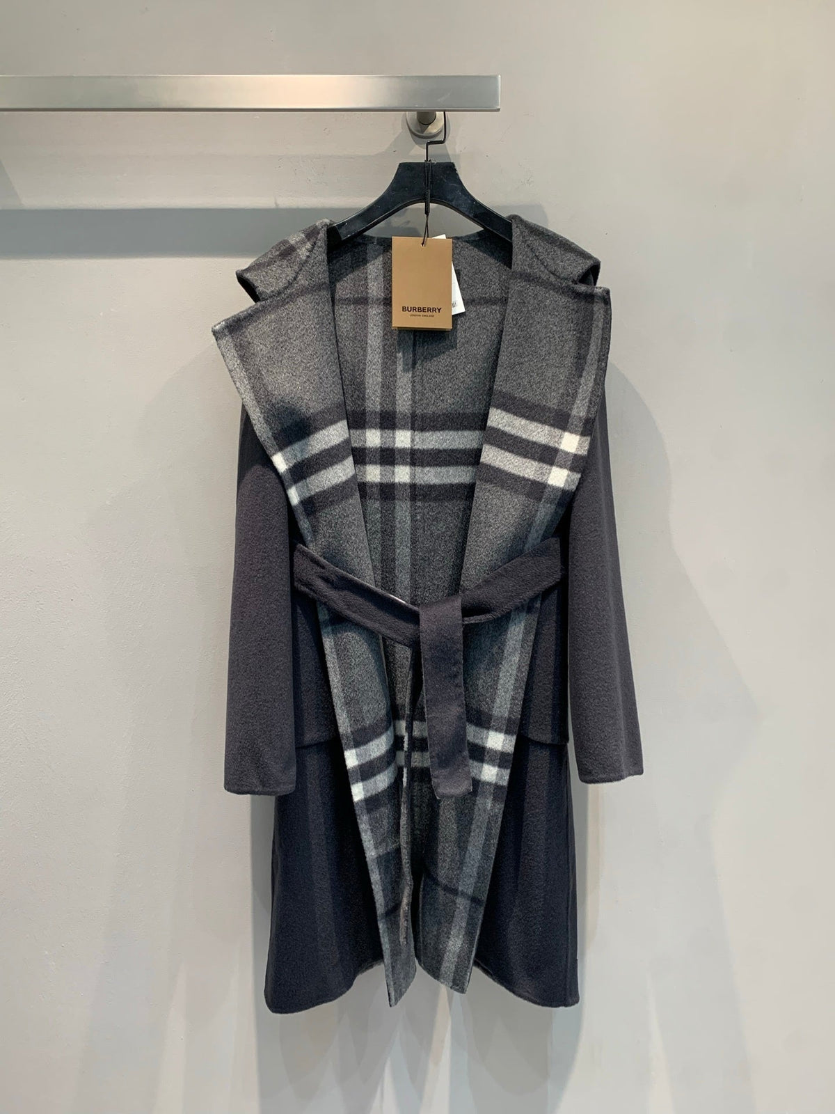CHECK PANEL BELTED HOODED COAT