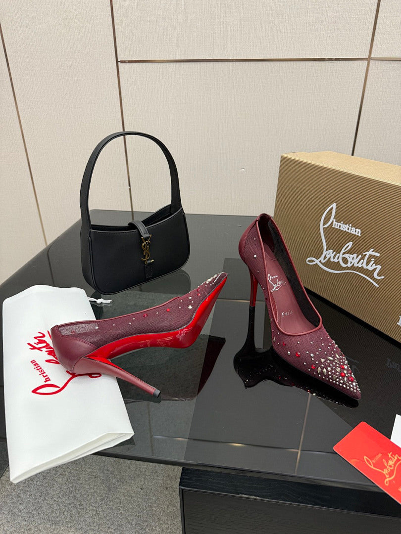 BURGUNDY RHINESTONE MESH PUMPS