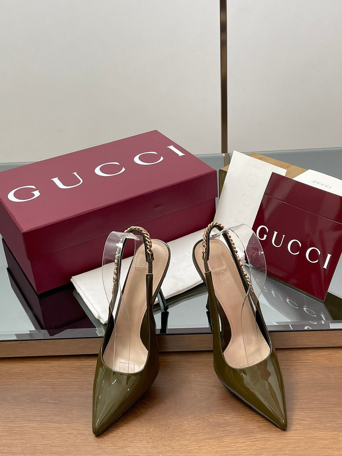 OLIVE PATENT SLINGBACK HEELS