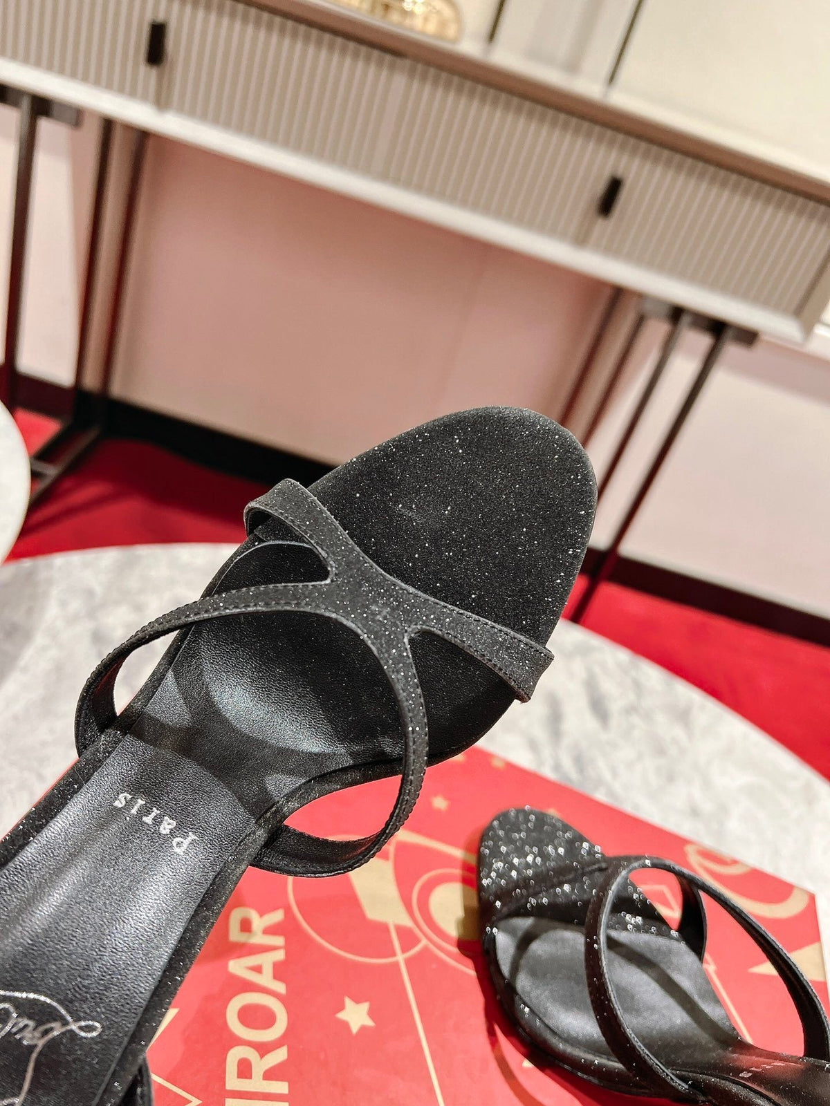 BLACK GLITTER STRAP SANDAL HEELS
