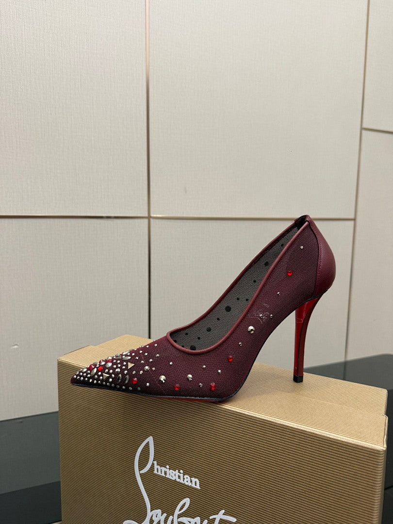 BURGUNDY RHINESTONE MESH PUMPS