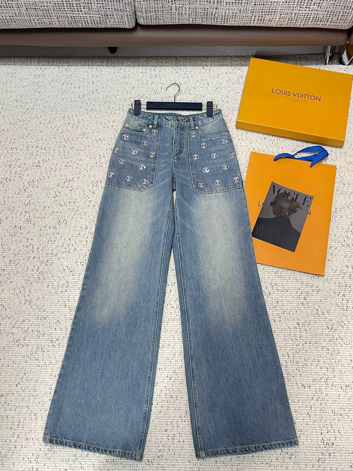 EMBELLISHED LOGO STRAIGHT LEG DENIM JEANS