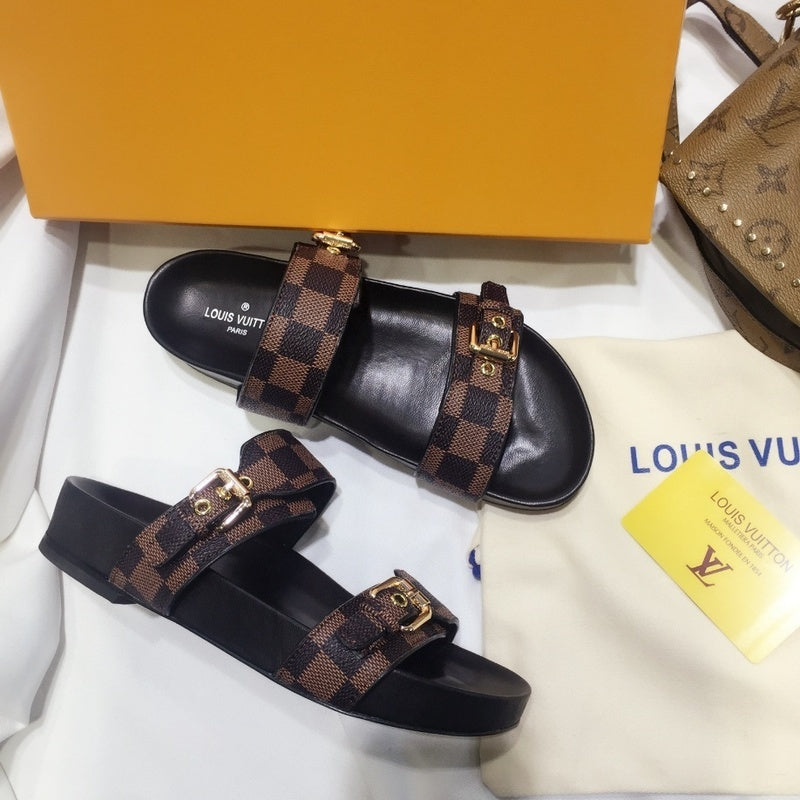 BROWN CHECKERED DOUBLE STRAP DESIGNER SLIDES