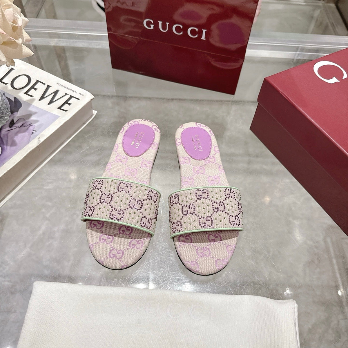 PINK EMBELLISHED SLIDE SANDALS