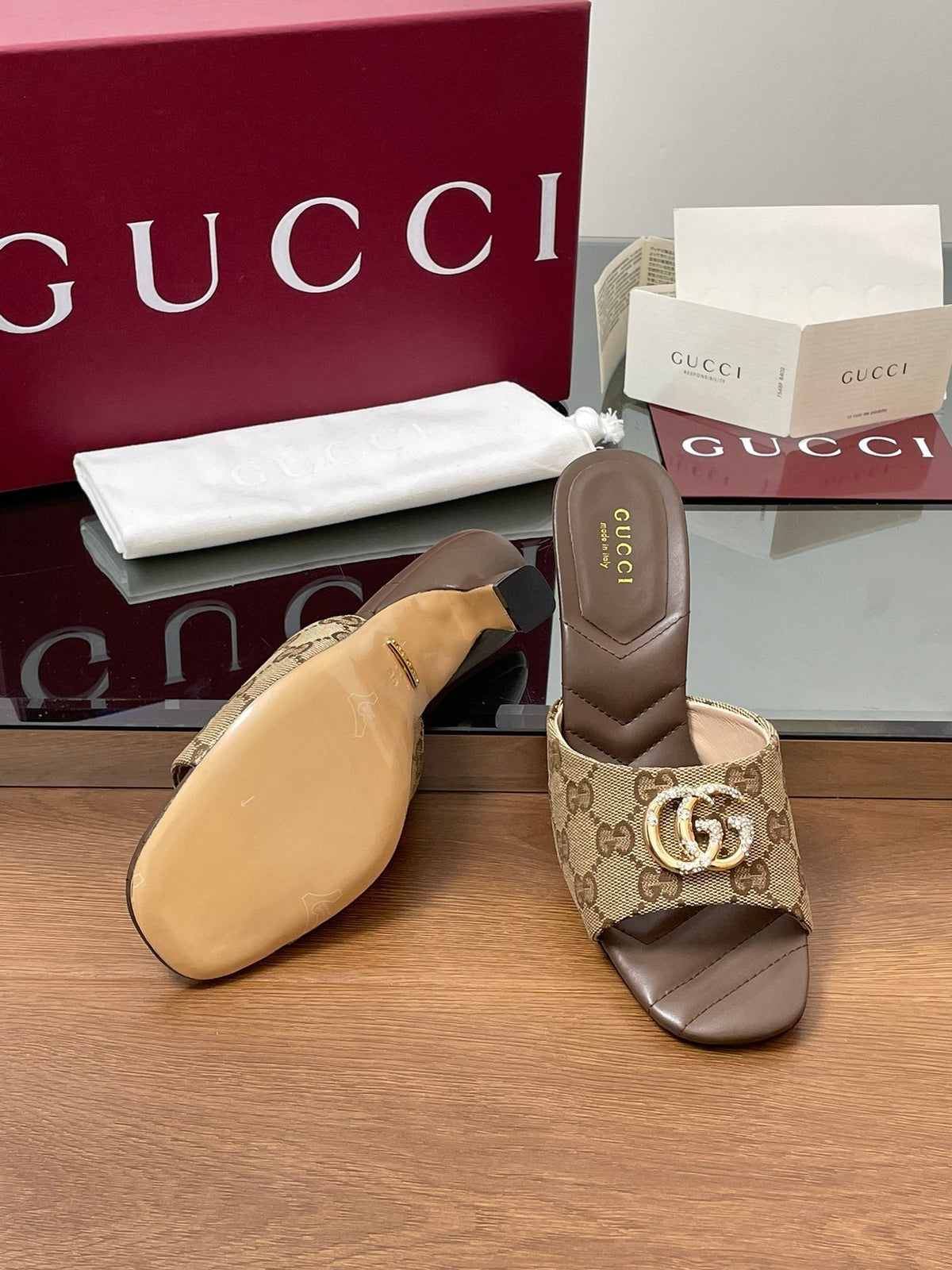 MONOGRAM BLOCK HEEL SLIDES