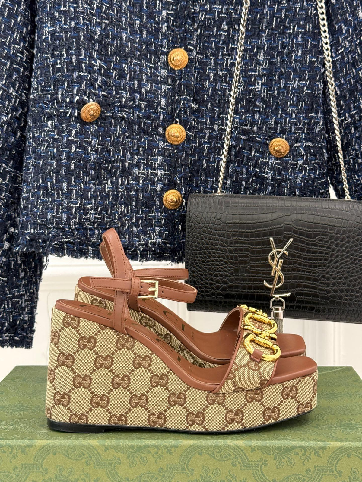BEIGE MONOGRAM PLATFORM WEDGE SANDALS
