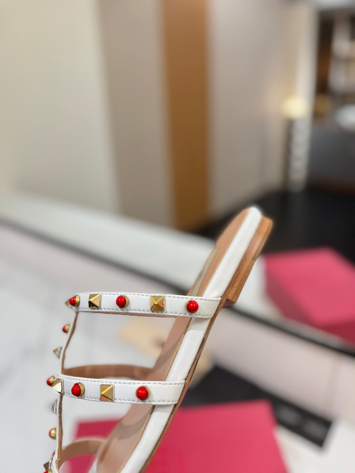 STUDDED STRAP FLAT SANDALS – WHITE WITH RED ACCENTS