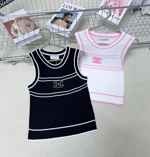 STRIPED LOGO RIBBED KNIT SLEEVELESS TOP