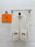 IVORY RIBBED KNIT ZIP CARDIGAN WITH FRONT FLAP POCKETS