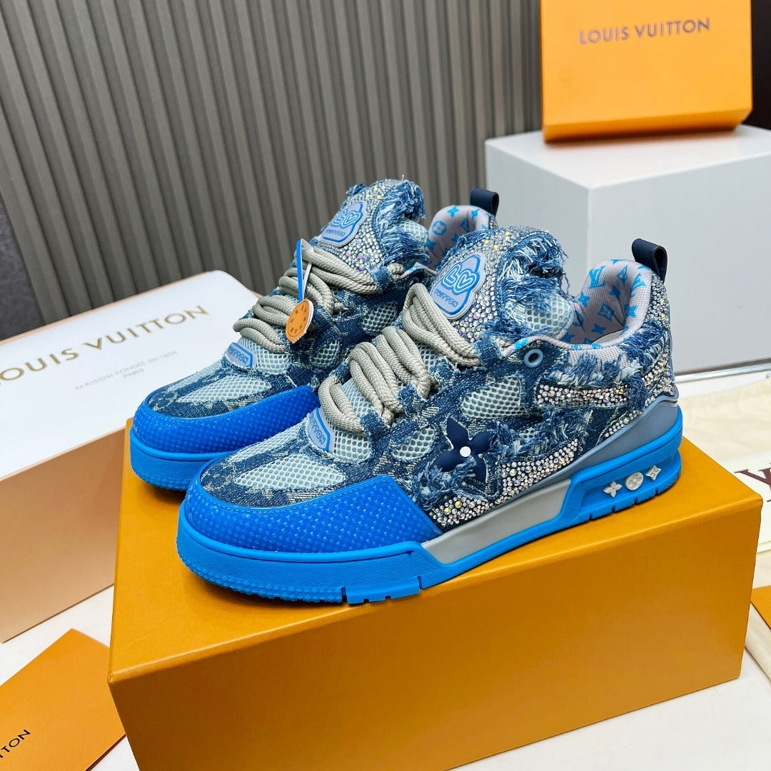 DENIM CRYSTAL-EMBELLISHED PLATFORM SNEAKERS IN BLUE