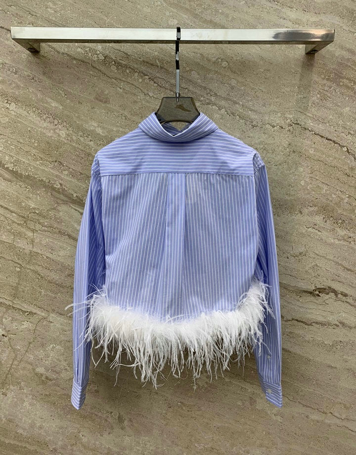 STRIPED FEATHER TRIM CROP SHIRT
