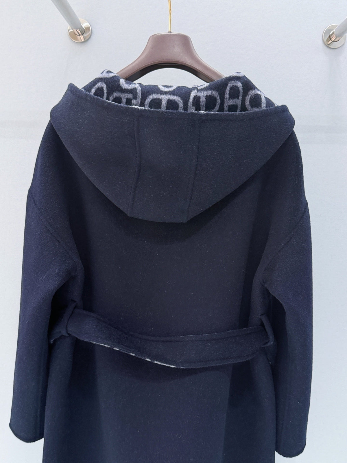 NAVY LONG COAT WITH HOOD, ZIP FRONT AND WAIST TIE