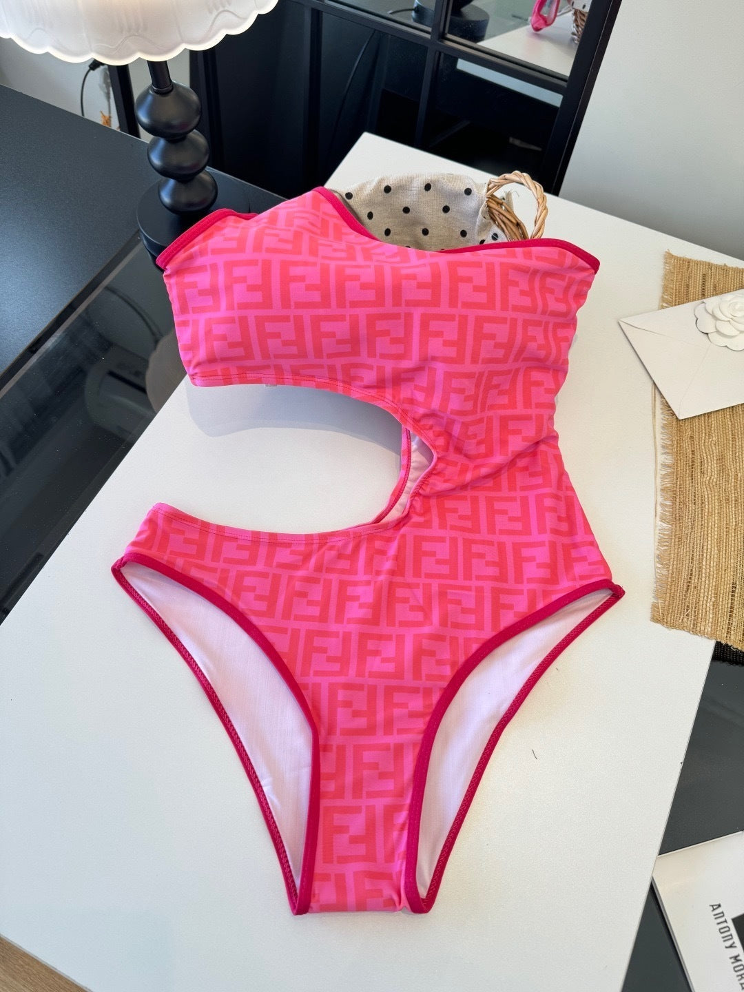 PINK MONOGRAM ONE-SHOULDER CUT-OUT ONE-PIECE SWIMSUIT