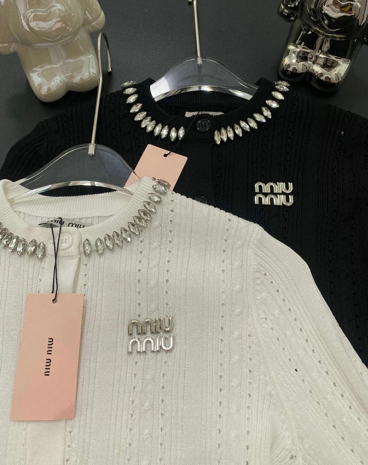 JEWELED COLLAR KNIT CARDIGAN