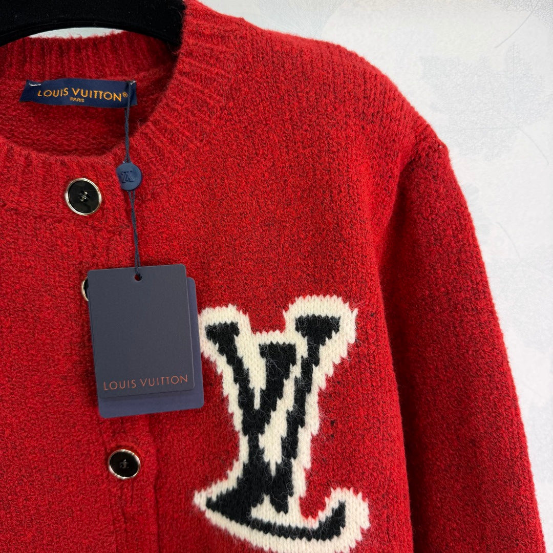 BUTTON-UP KNIT CARDIGAN WITH CONTRAST PATCH DETAIL