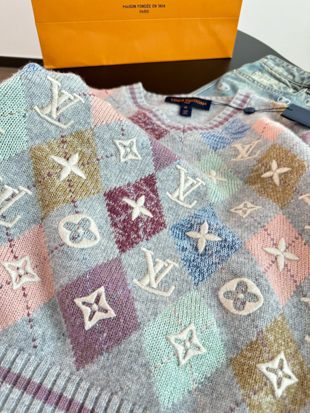 ARGYLE KNIT SWEATER WITH EMBROIDERED DETAILS