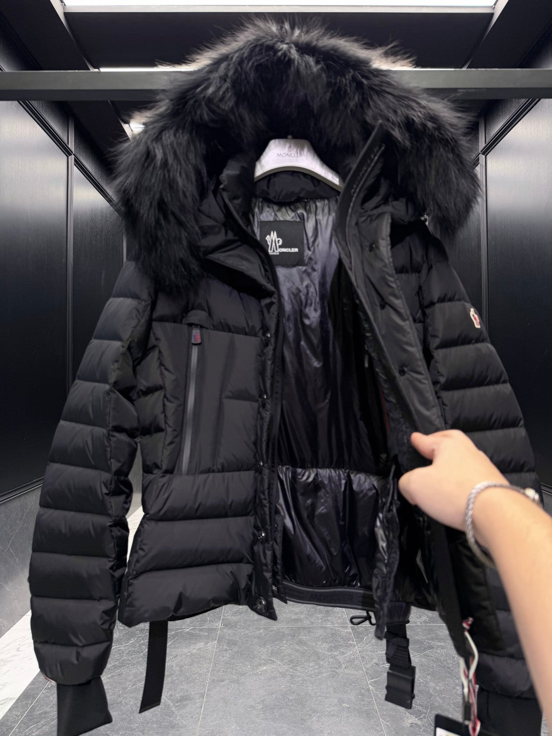 FUR HOODED BELTED PUFFER DOWN JACKET