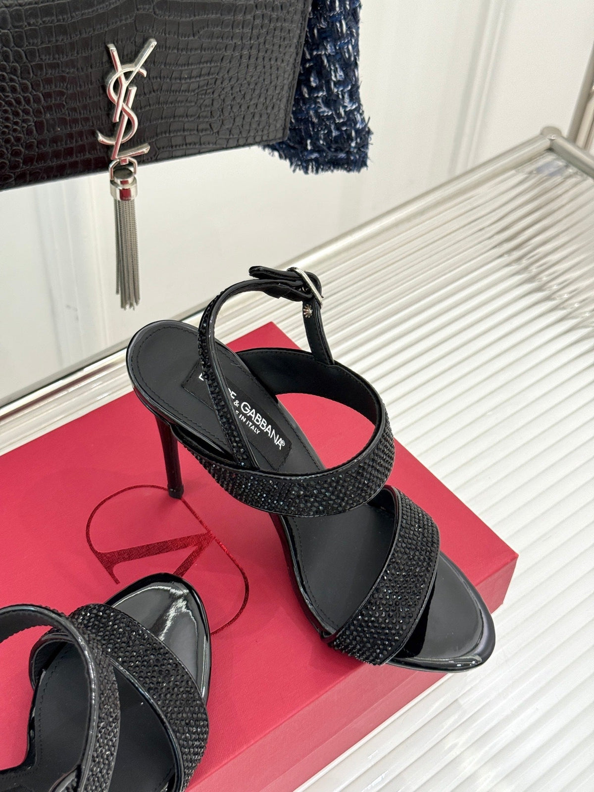 BLACK CRYSTAL-EMBELLISHED STRAPPY STILETTO HEELS