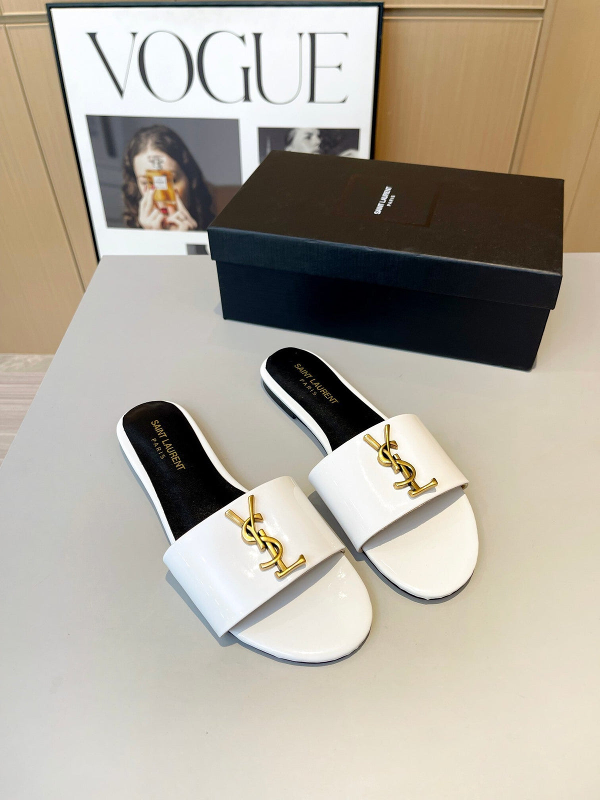 WHITE PATENT SLIDE SANDALS