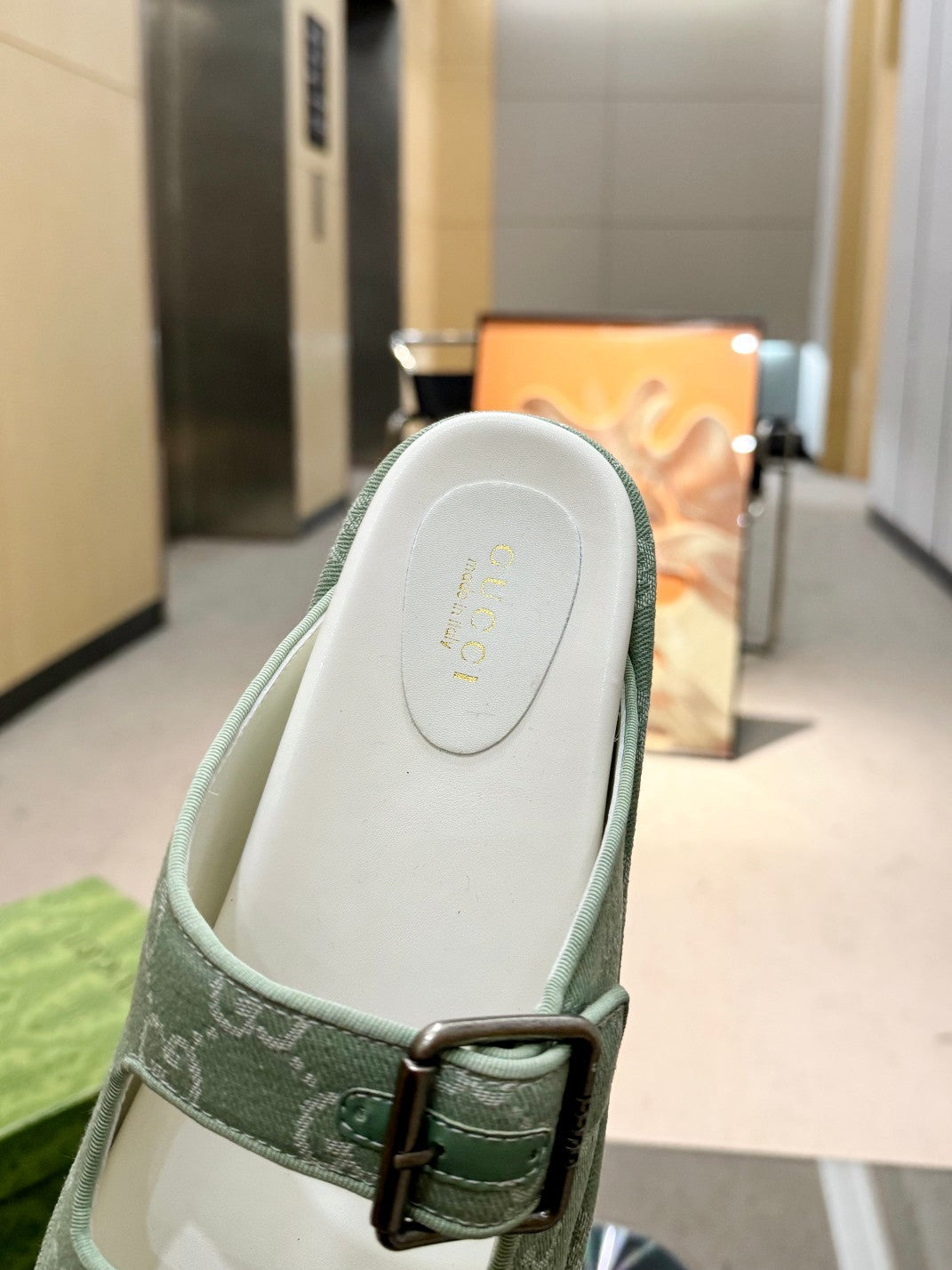 GREEN MONOGRAM DOUBLE-STRAP SANDALS