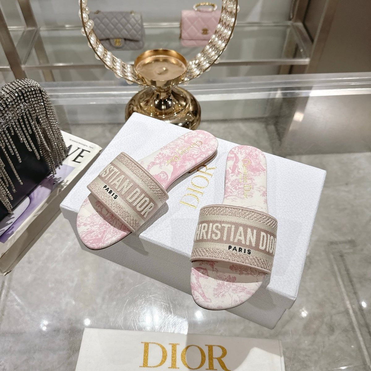 TOILE PRINT LOGO FLAT SLIDES – BLUSH PINK