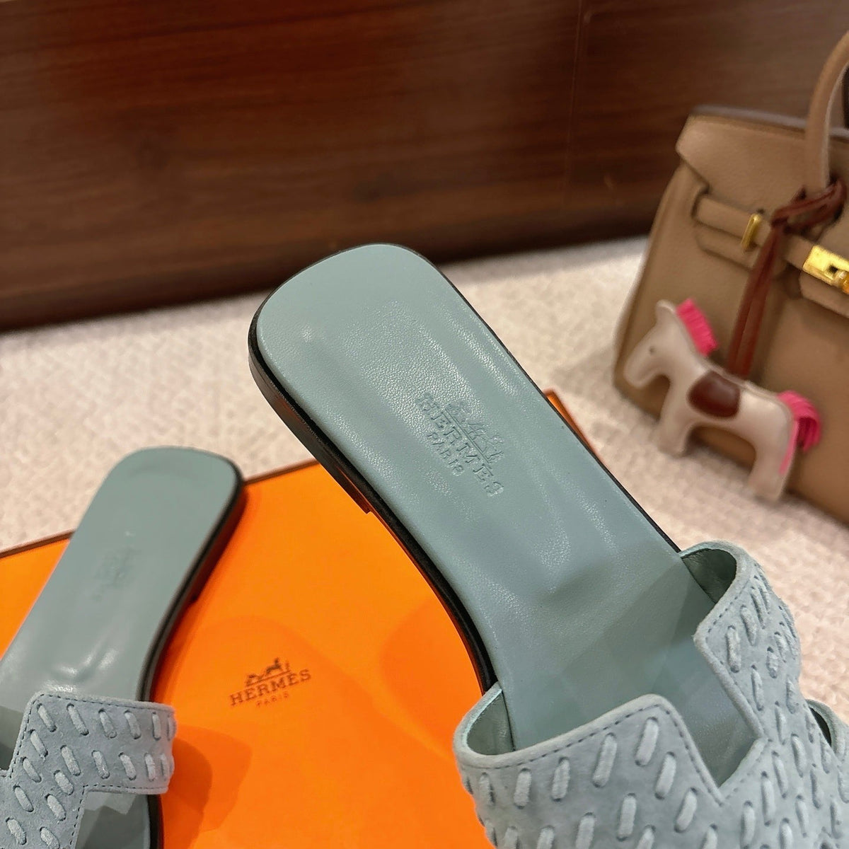 SOFT GREEN SUEDE SLIDE SANDALS