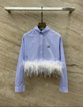 STRIPED FEATHER TRIM CROPPED SHIRT