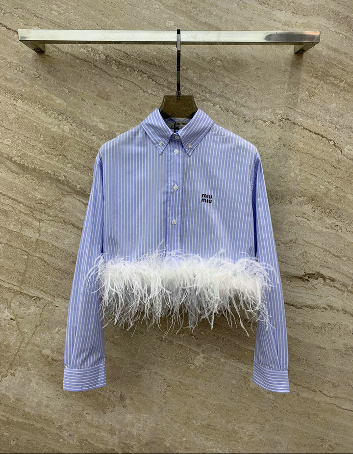 STRIPED FEATHER TRIM CROPPED SHIRT