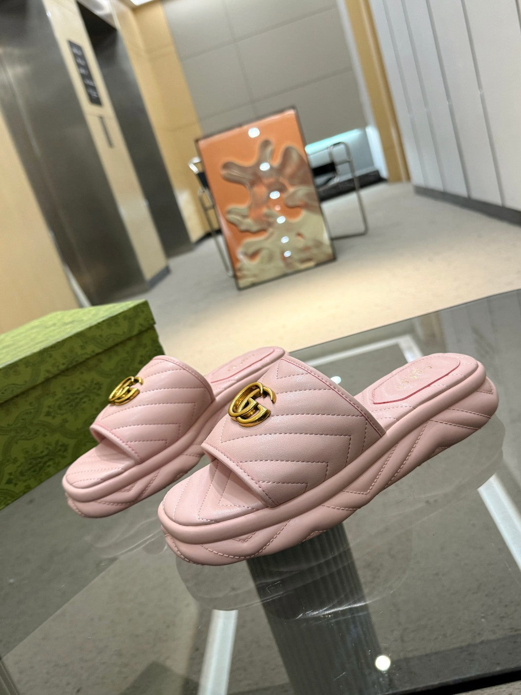 BLUSH QUILTED LOGO SLIDE SANDALS