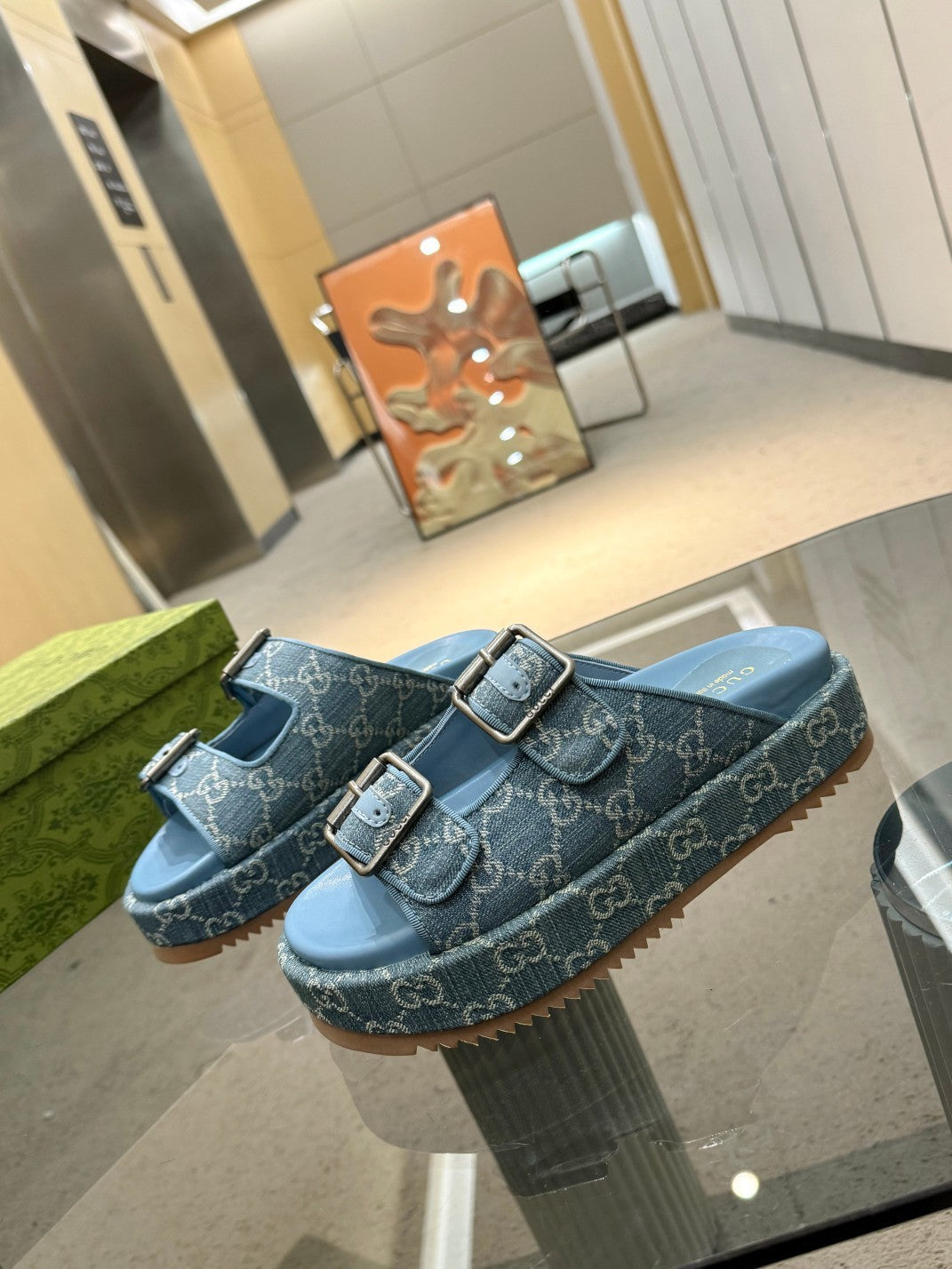 BLUE DENIM MONOGRAM DOUBLE-STRAP PLATFORM SANDALS