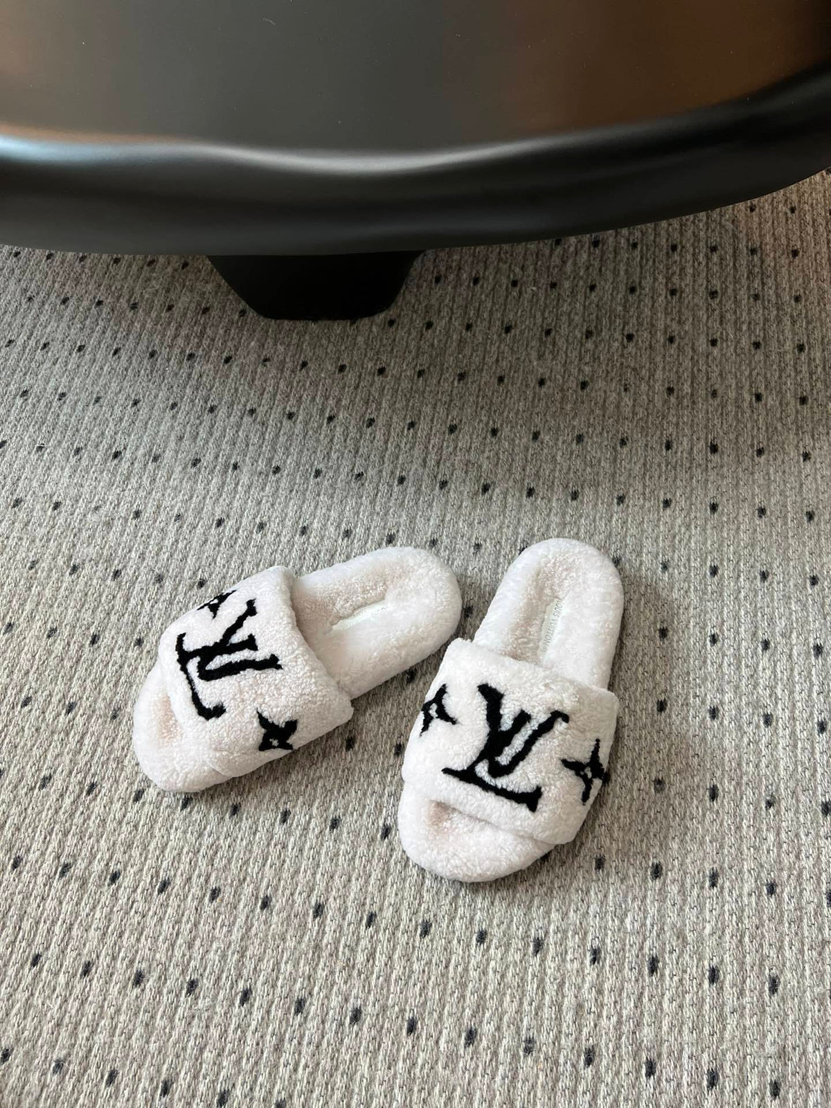 COZY MONOGRAM FUR SLIDE SLIPPERS