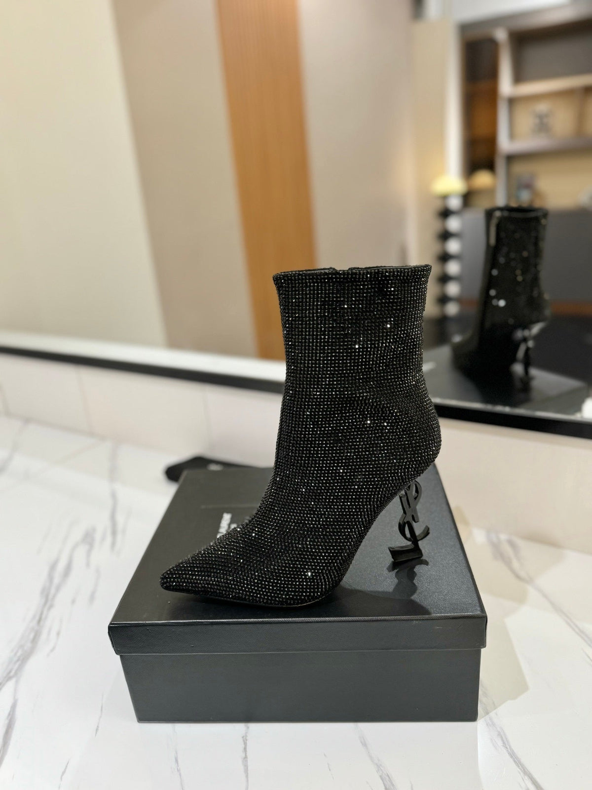 BLACK CRYSTAL HEEL BOOTS