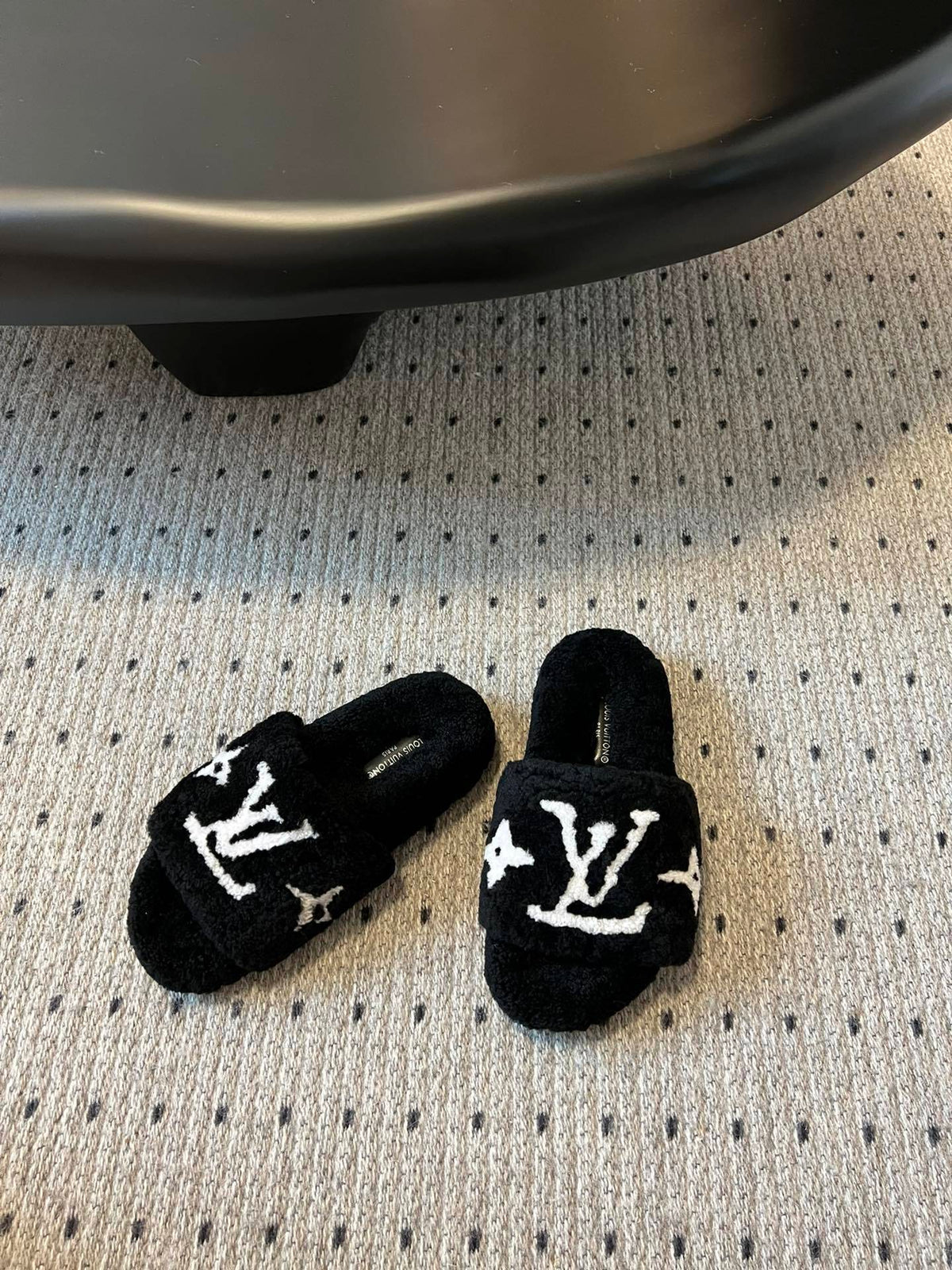 COZY MONOGRAM FUR SLIDE SLIPPERS